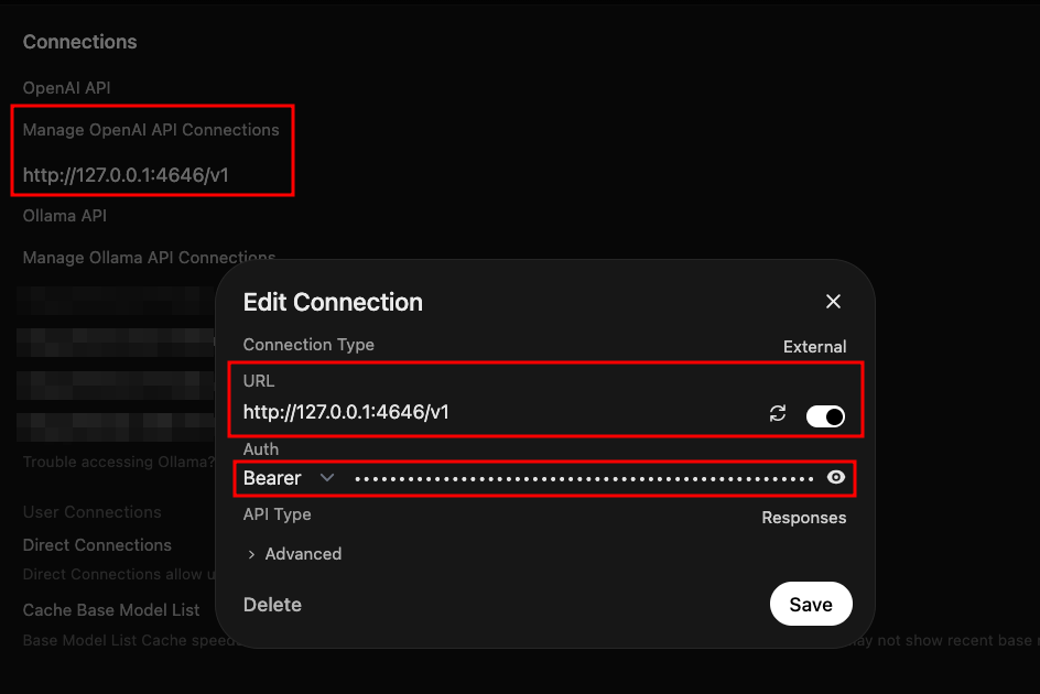OpenWebUI connection form for curapi
