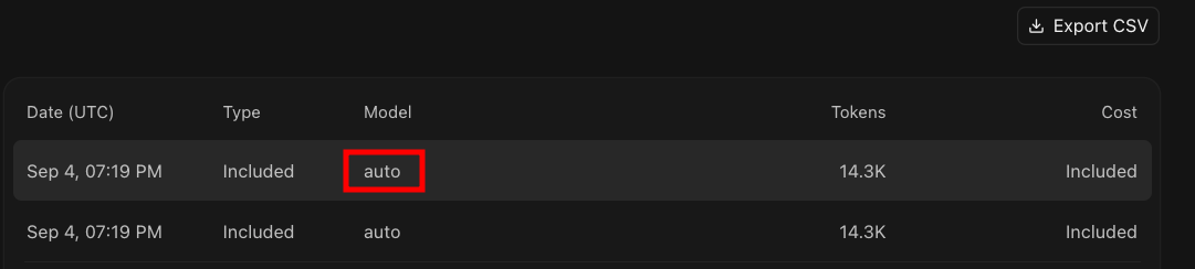 Cursor usage log showing auto