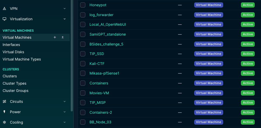 Virtual machines in NetBox after a sync. The list is pulled from vCenter, and Active is the power state it last saw.